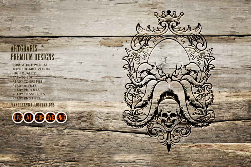 kraken-octopus-with-frame-skull-silhouette