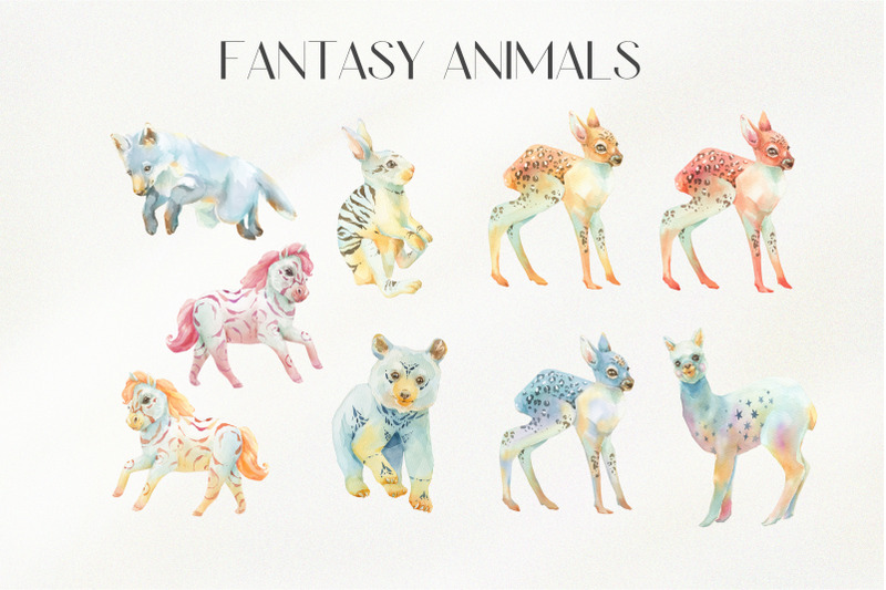 unique-creatures-amp-amp-fantasy-forest-animals-watercolor-clipart