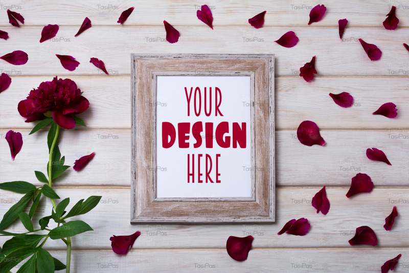 wooden-picture-frame-mockup-with-burgundy-peony-and-petals