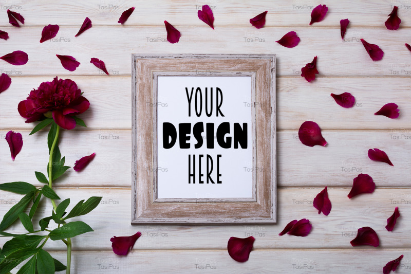 wooden-picture-frame-mockup-with-burgundy-peony-and-petals