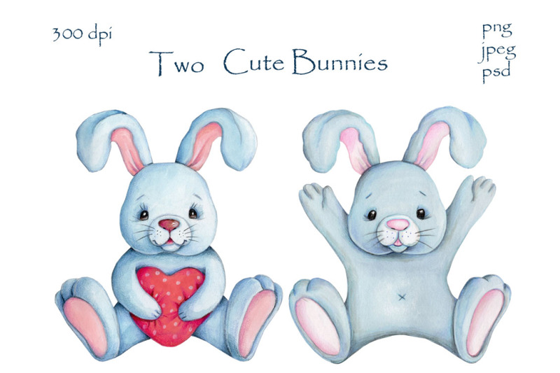 two-fun-blue-bunnies-watercolor-characters