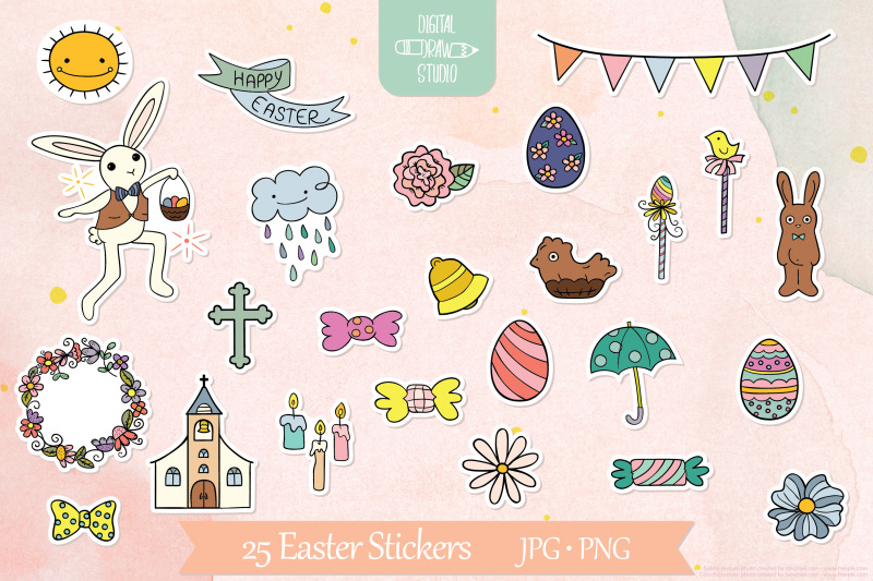 easter-stickers-decorated-egg-bunny-flowers-banner-chocolate