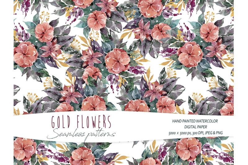 watercolor-and-gold-floral-seamless-patterns