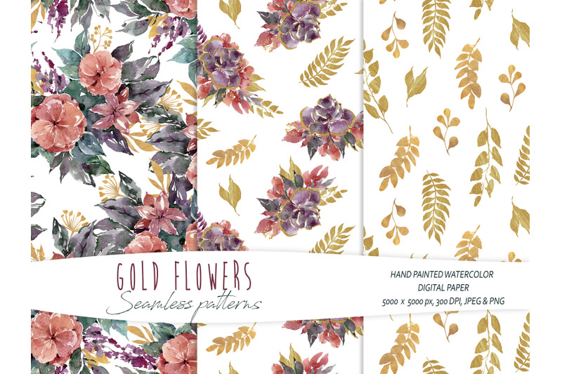 watercolor-and-gold-floral-seamless-patterns