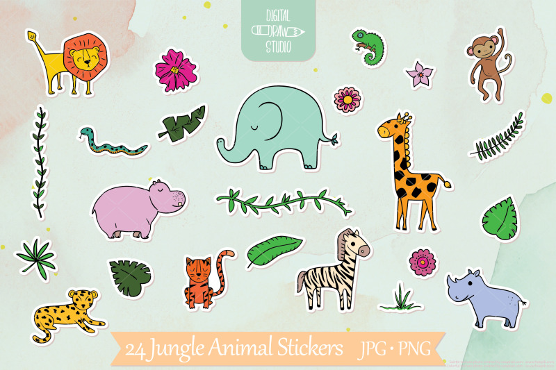jungle-animals-stickers-tropical-leaves-flowers