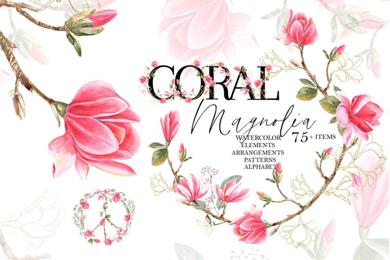 coral-magnolia-clipart-set