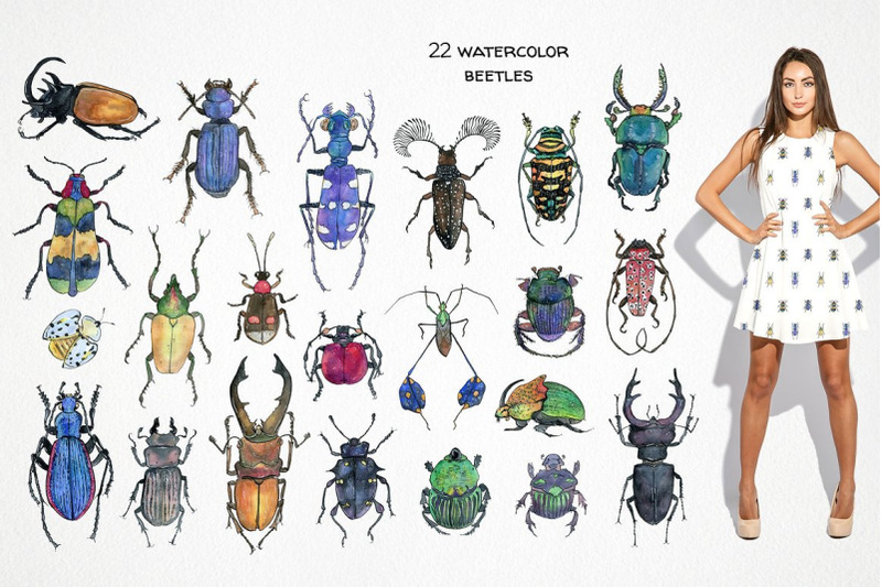watercolor-bug-clipart-insect-illustration-beetle-seamless-pattern