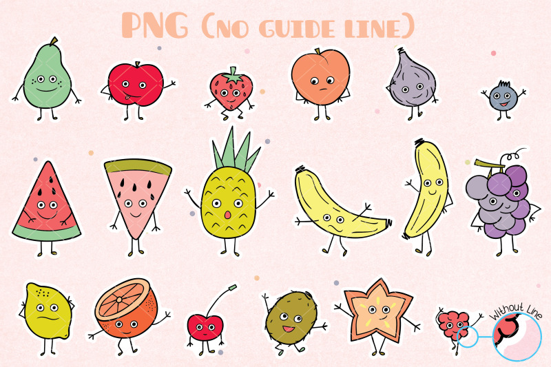 fruit-character-stickers-hand-drawn-cute-kawaii-food