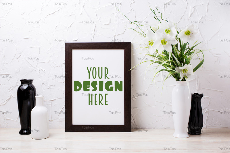 black-brown-poster-frame-mockup-with-lily-and-vases