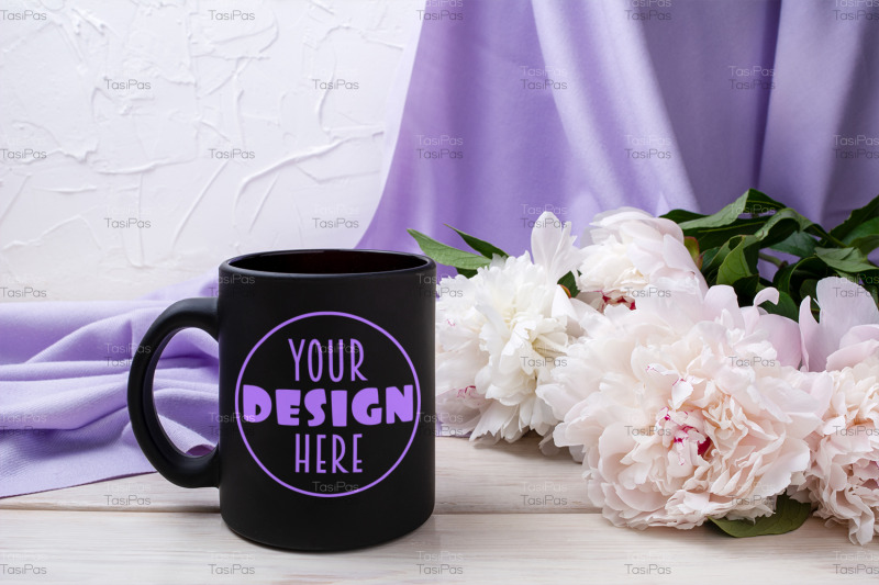 black-coffee-mug-mockup-with-pink-peony-and-lilac-scarf