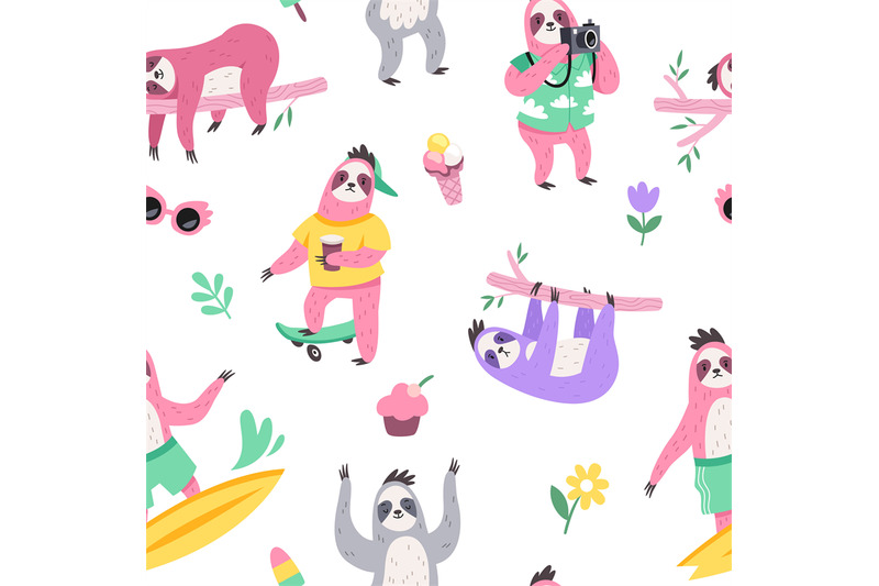 cute-sloth-seamless-pattern-cartoon-animals-characters-different-act