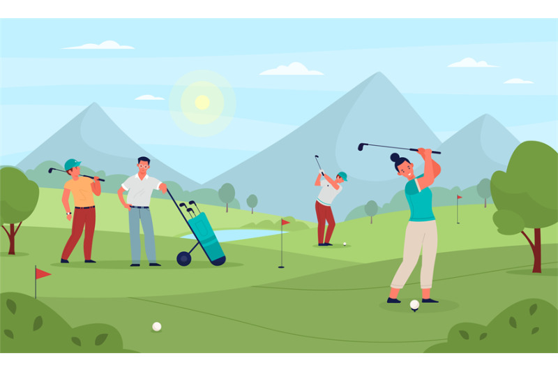 group-playing-golf-people-on-green-fields-hit-ball-with-sticks-drive