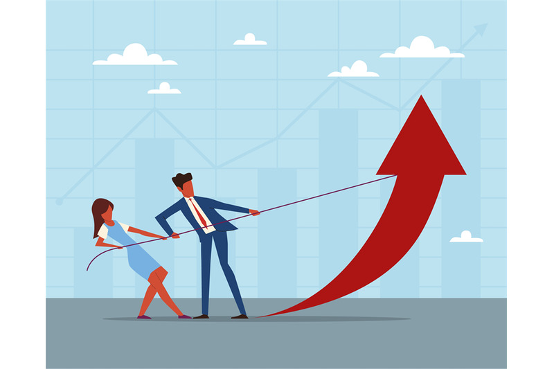 common-effort-to-grow-the-business-people-try-raise-scale-red-arrow