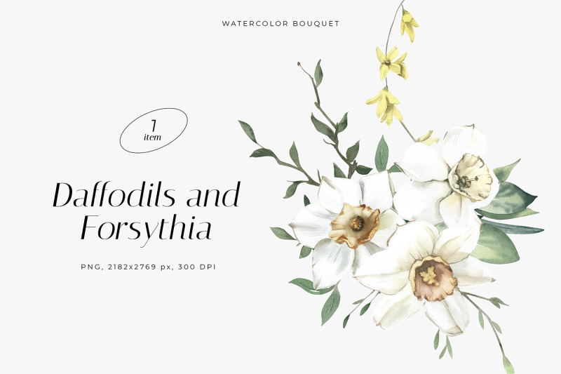 watercolor-bouquet-with-daffodils-and-forsythia-branch