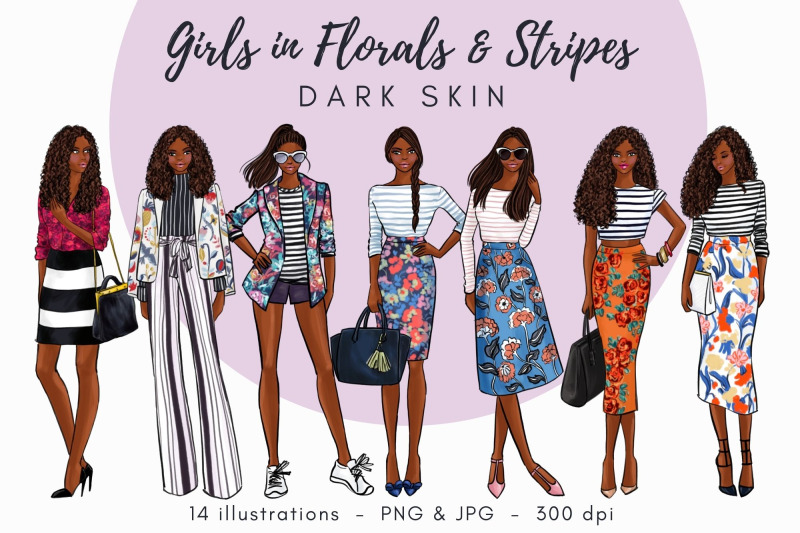 girls-in-florals-amp-stripes-dark-skin-watercolor-fashion-clipart