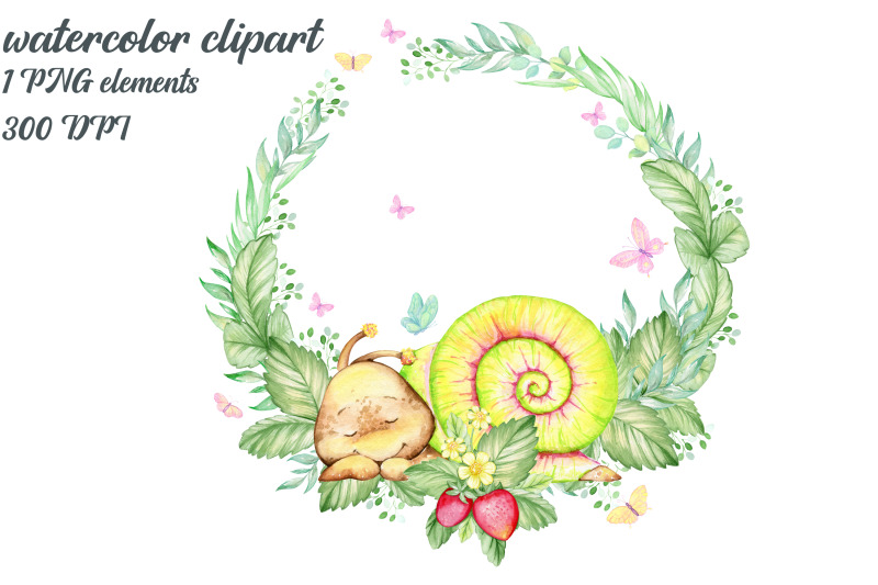 watercolor-frame-snail-strawberry-sublimation-clipart-cute-animals
