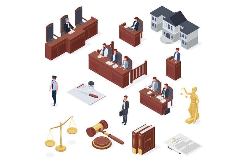 isometric-law-elements-court-judge-lawyer-and-hammer-tribunal-and