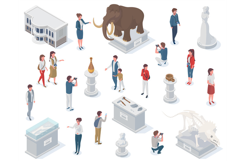 isometric-museum-exhibits-ancient-statue-archeology-exposure-ancien