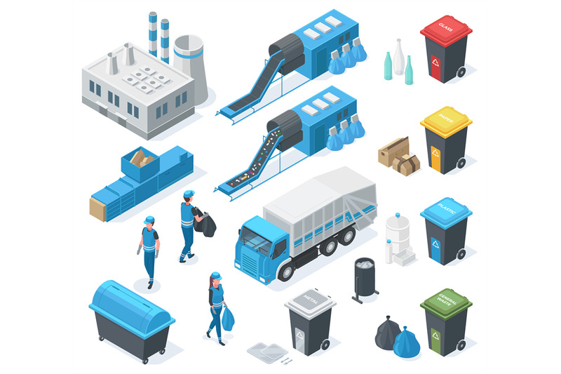 isometric-waste-recycle-garbage-plant-truck-industrial-landfill-env