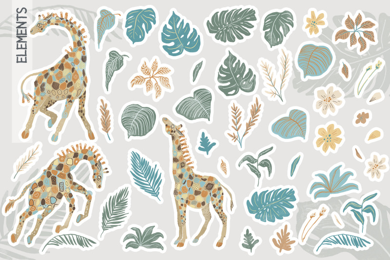tropical-giraffes-png-digital-stickers-elements-sheets