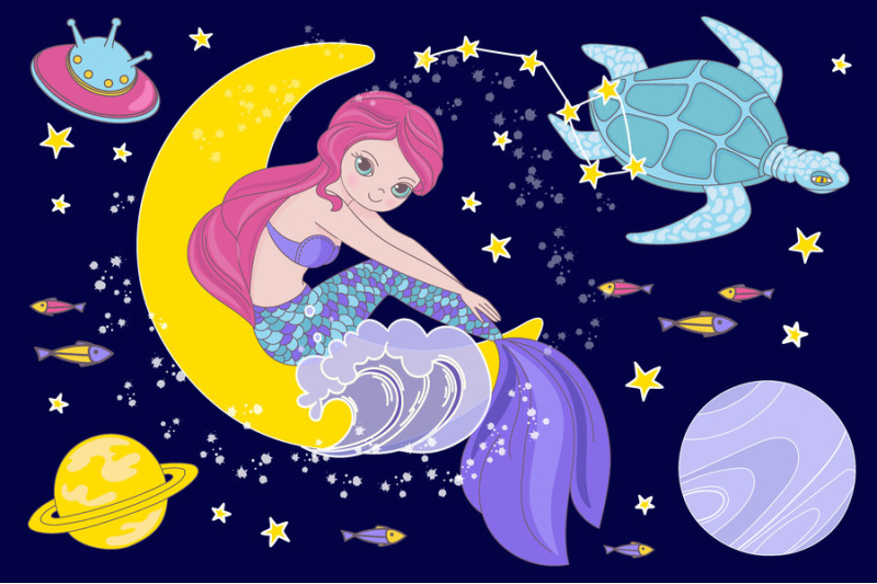 mermaid-universe-space-girl-cartoon-vector-illustration-set