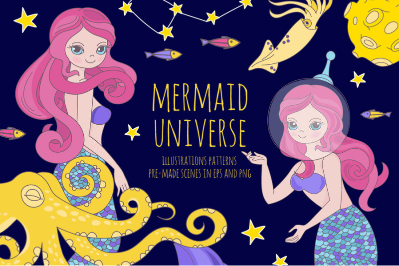 mermaid-universe-space-girl-cartoon-vector-illustration-set