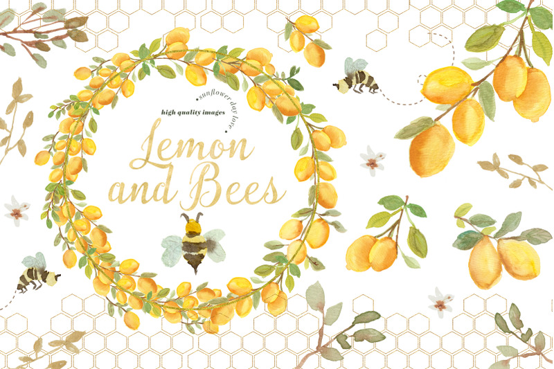 lemon-and-bees-watercolor-clipart