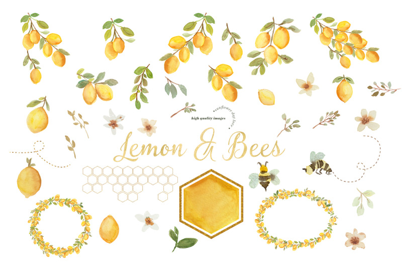 lemon-and-bees-watercolor-clipart