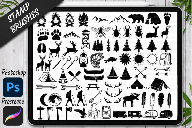 camping-stamps-brushes-for-procreate-and-photoshop-camping-set