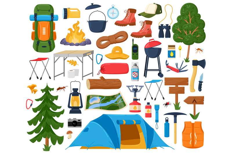 cartoon-hiking-equipment-tourist-camping-campfire-tent-and-sleeping