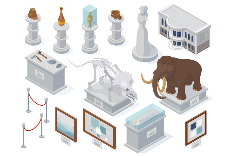 isometric-museum-exhibits-ancient-statue-art-exhibition-and-archeolo