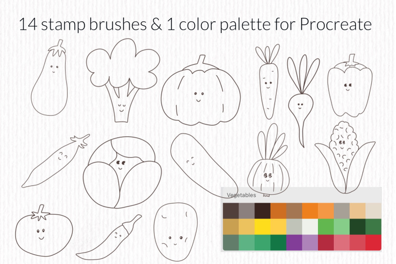cute-vegetable-procreate-stamp-brushes-veggie-doodle-kawaii-stamp-bru