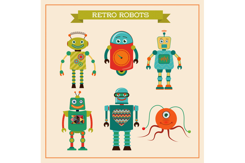 retro-hipster-cute-funny-robots-collection-cartoon-characters