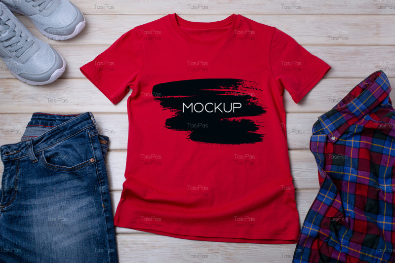 unisex-red-t-shirt-mockup-with-trainers-and-jeans