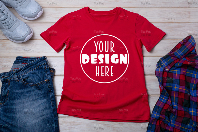 unisex-red-t-shirt-mockup-with-trainers-and-jeans