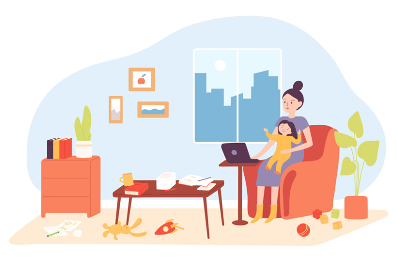 cartoon-freelance-woman-holding-child-and-working-remotely-at-home-st