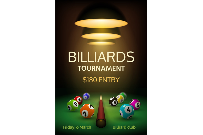 billiard-tournament-poster-with-realistic-balls-and-cue-on-green-table