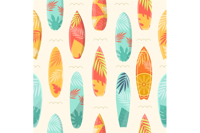 cartoon-summer-seamless-pattern-with-surfboard-and-tropical-leaves-se