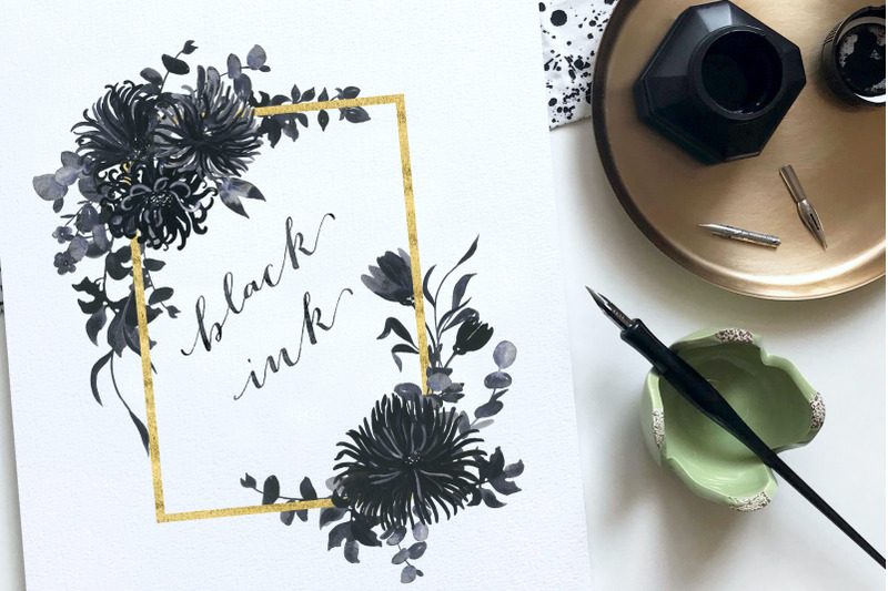 black-ink-flowers-watercolor-clipart