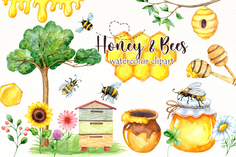 honey-and-bees-clipart-bundle-watercolor-bee-png