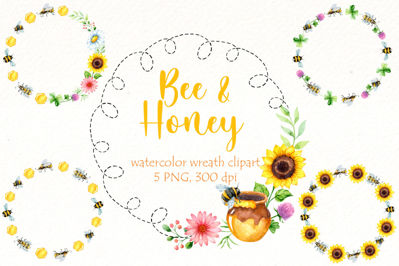 honey-and-bees-wreath-clipart-bundle-watercolor-bee-png