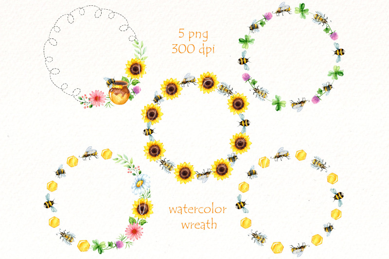 honey-and-bees-wreath-clipart-bundle-watercolor-bee-png