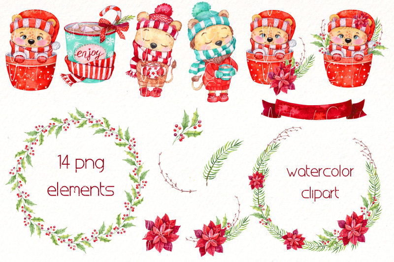 christmas-lion-clipart-bundle-watercolor-cute-animal-png
