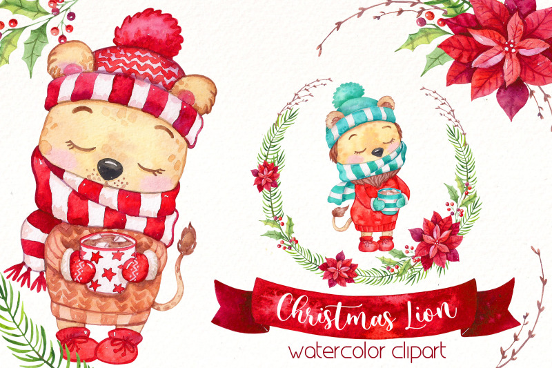 christmas-lion-clipart-bundle-watercolor-cute-animal-png