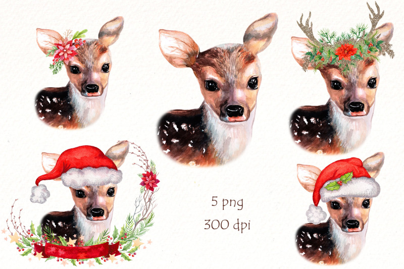 christmas-deer-watercolor-clipart-bundle-cute-animal-png