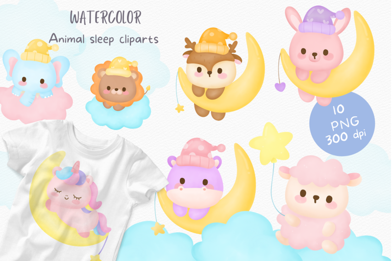 sleeping-baby-animals-watercolor-kawaii-clipart-baby-shower