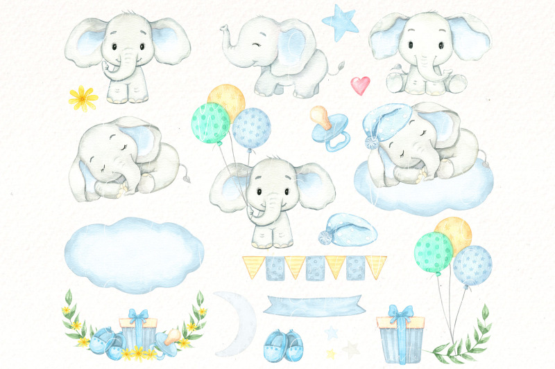 baby-elephant-watercolor-clipart-bundle-cute-safari-animal-png