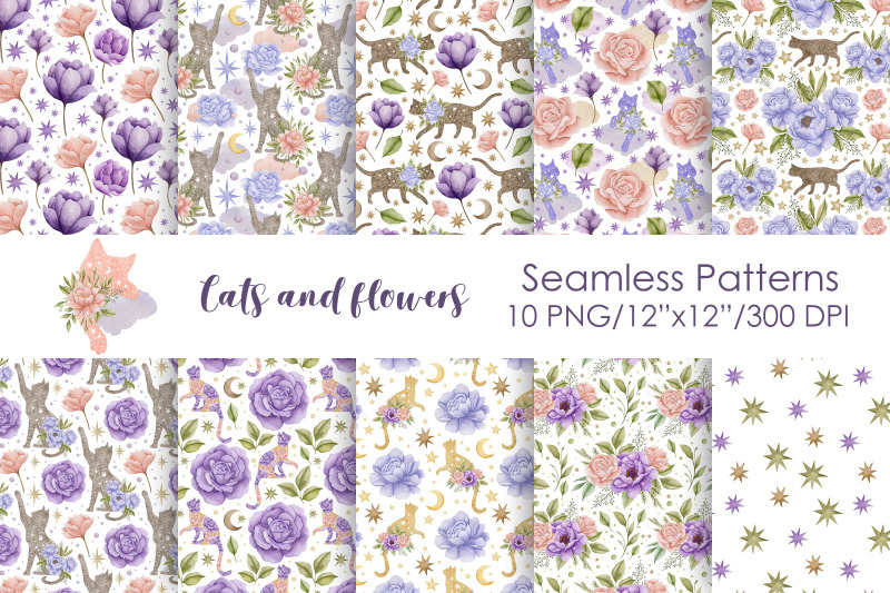 watercolor-cats-and-flowers-seamless-patterns-2