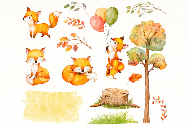 cute-fox-clipart-bundle-watercolor-fall-landscape-png