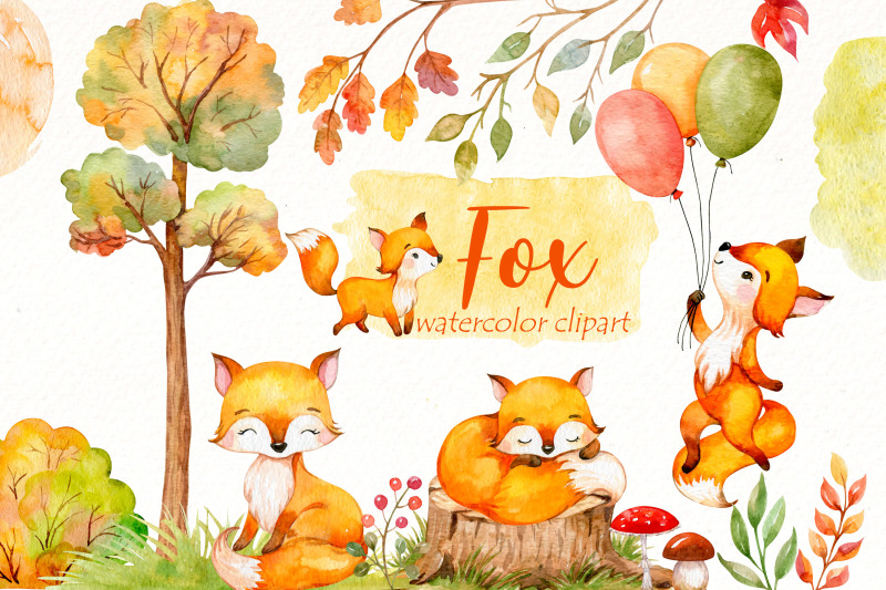 cute-fox-clipart-bundle-watercolor-fall-landscape-png